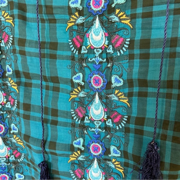Johnny Was 3J Workshop Small Teal Plaid Embroidered Tunic Top Boho Hippie - Picture 5 of 11